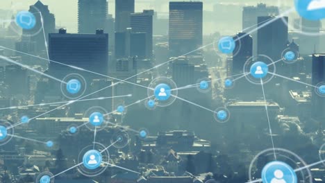 animation of network of connections over cityscape