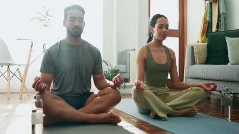 Home,-meditation-and-couple-with-exercise