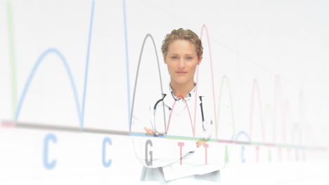 gráficos de datos en una pantalla con una doctora sonriendo en primer plano