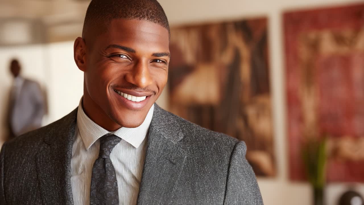 Confident Businessman in Formal Attire Exudes Charm and Professionalism in Stylish Office Setting with Warm Atmosphere and Artistic Background