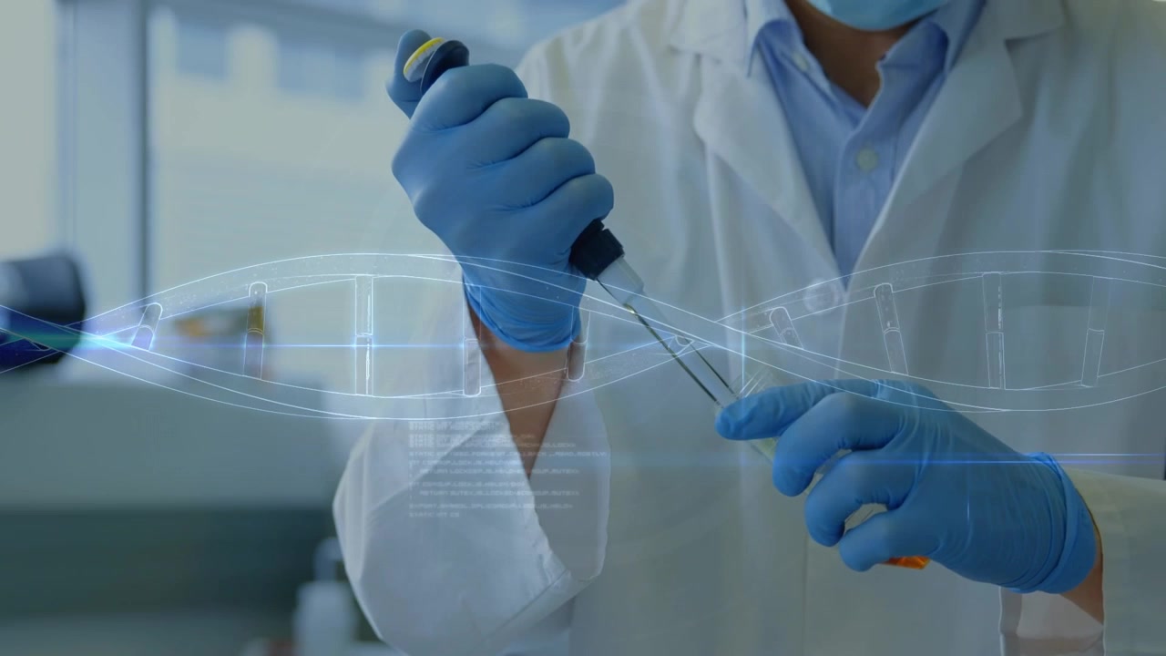 Animation of dna strand and data processing over diverse scientists in lab
