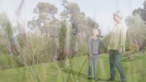 Composite-video-of-tall-grass-against-caucasian-grandmother-and-granddaughter-walking-in-the-garden