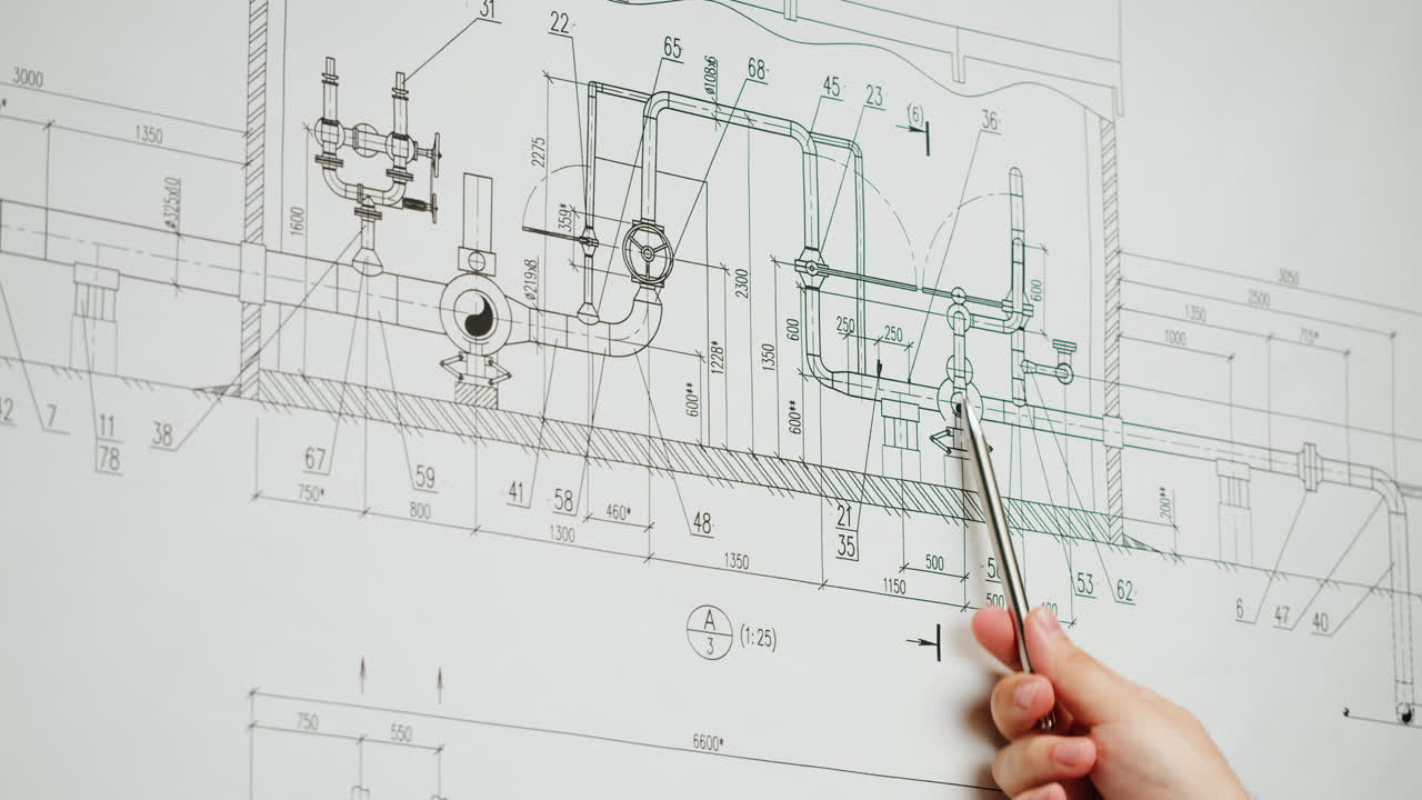 A hand pointing at a detailed engineering blueprint