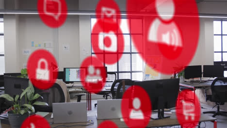 animation of network of digital icons over empty office