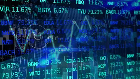 video compuesto digital del procesamiento de datos del mercado de valores contra el mapa del mundo en fondo azul