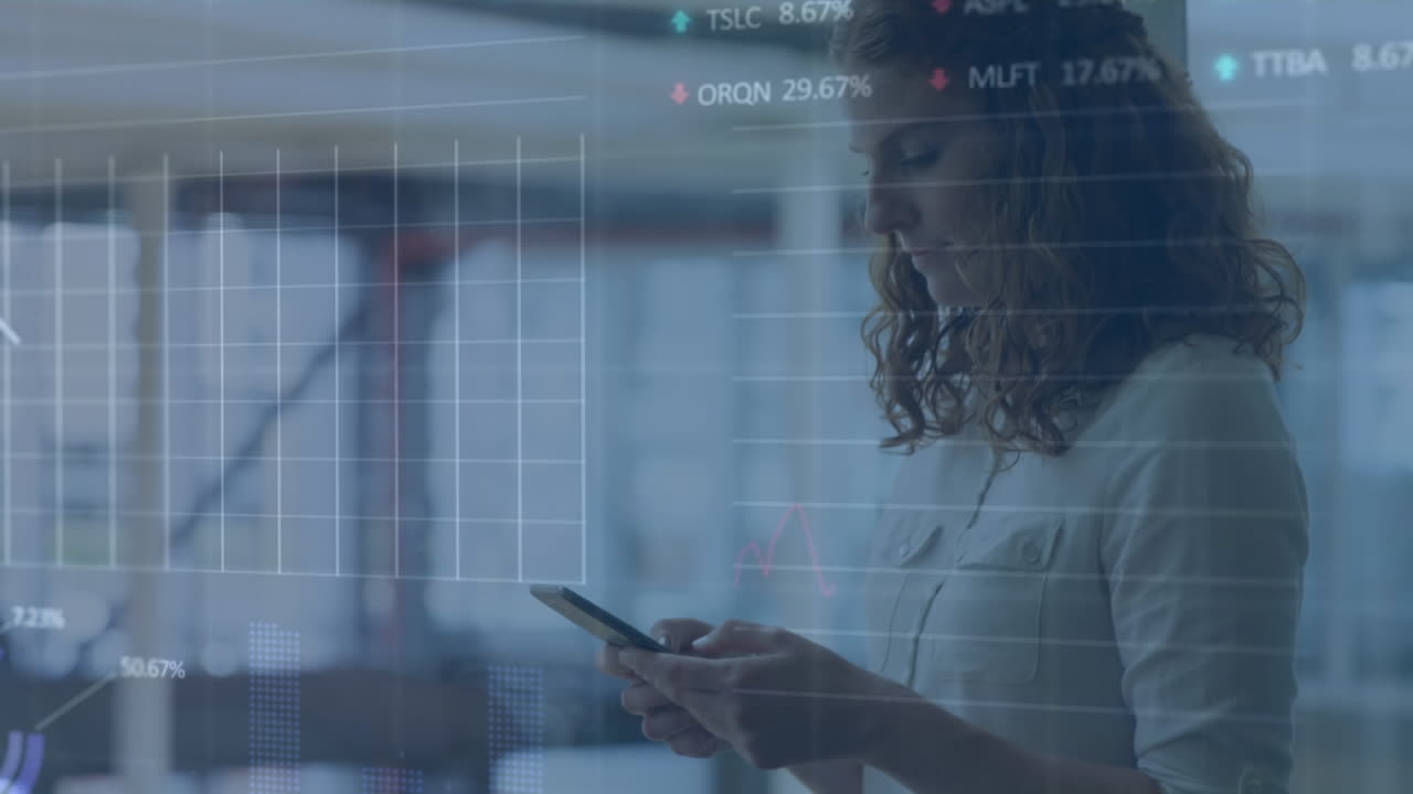 Animation of stock market data processing over caucasian woman using smartphone at office
