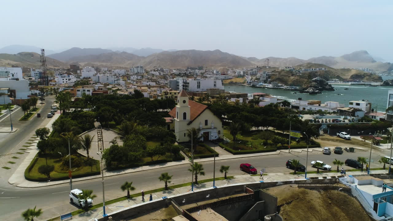 Aerial view around the Iglesia La Resurrecci&oacute;n del Se&ntilde;or church San Bartolo, in sunny Peru
