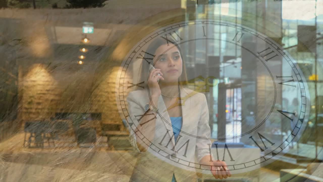 Entering lobby pulling phone to ear woman making business call, animated clock marking impatience
