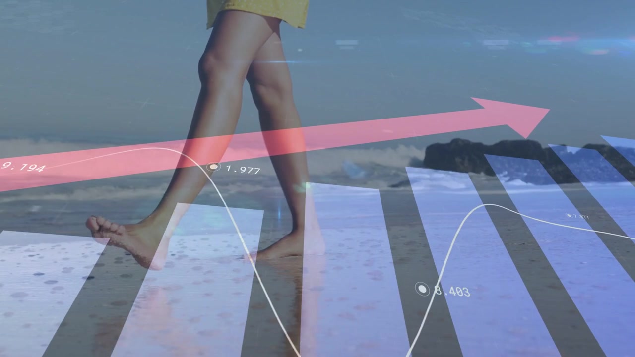 Woman walking barefoot on sand, first step initiating marketing data bars and pink arrow moving