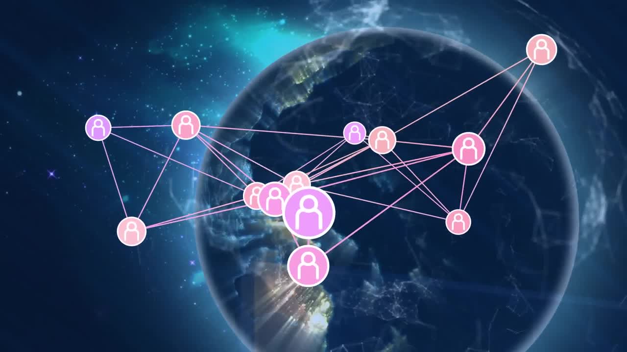 공간에 대항하여 회전하는 지구 위의 프로필 아이콘 네트워크의 애니메이션
