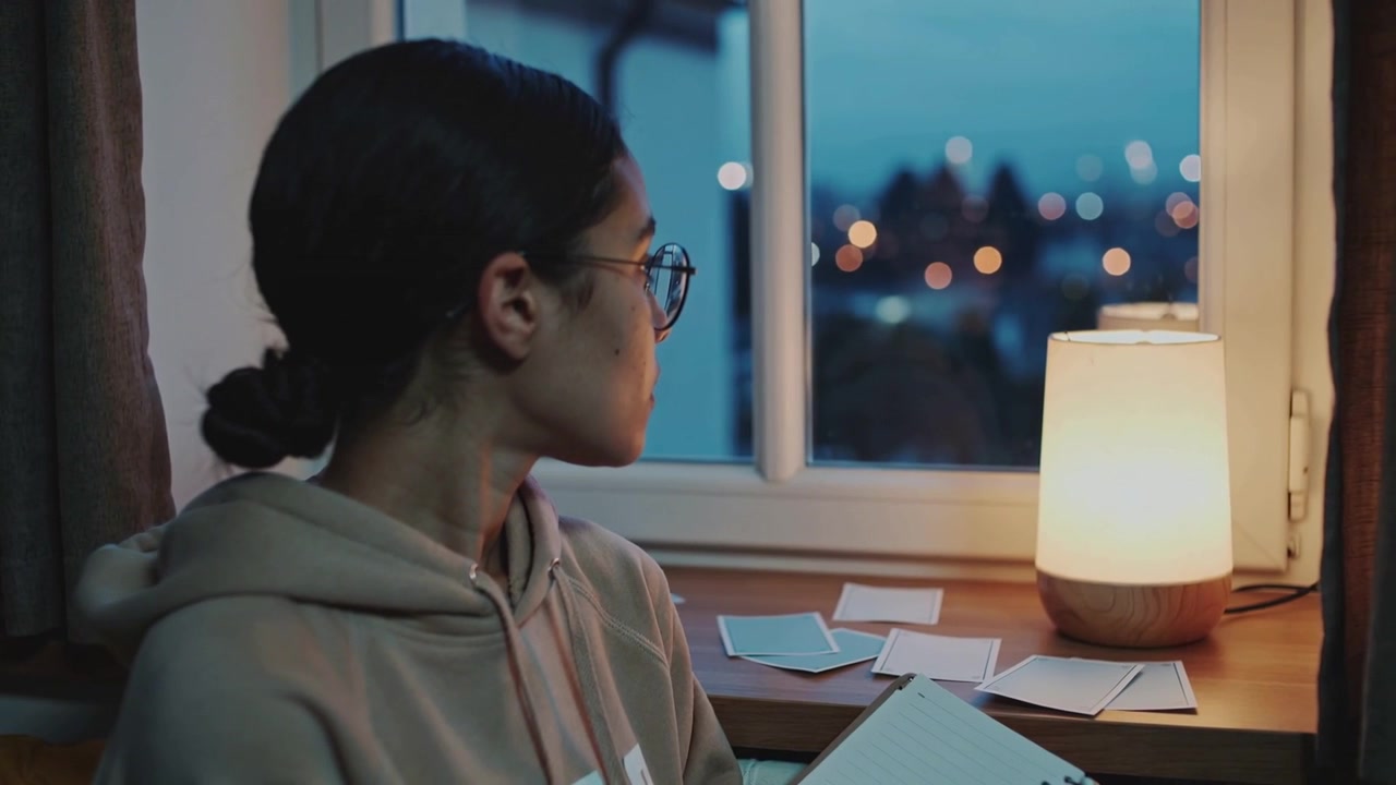 Studente in pausa con felpa e occhiali che si gira verso la finestra dalla scrivania, osservando le luci della città con appunti illuminati dalla lampada