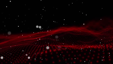 digital animation of multiple white dots floating against red digital waves on black background