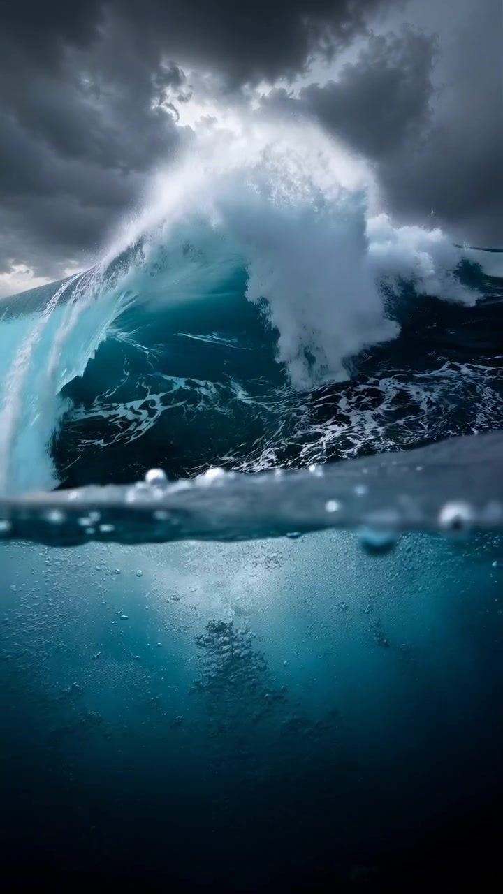 A dramatic ocean sequence showing a large wave building, cresting, and breaking beneath heavy storm clouds
