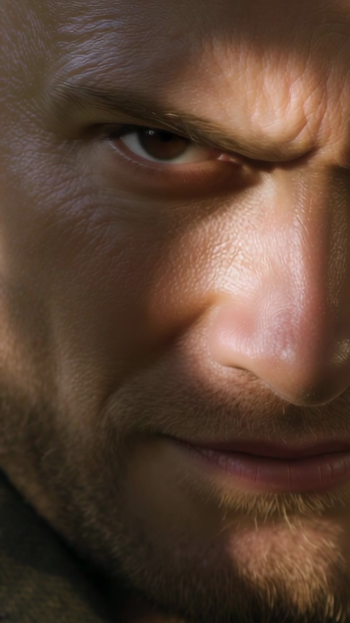 Man opening eyes and furrowing brow in studio close-up, responding to off-camera cue for film