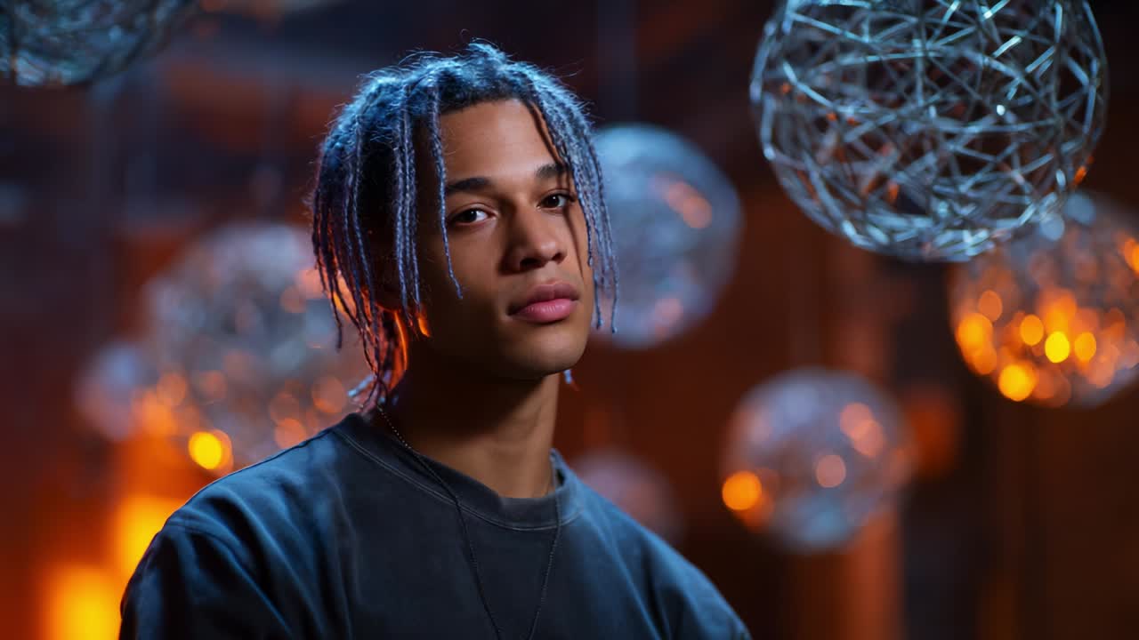 A young individual with striking blue hair poses confidently in a creatively illuminated space, surrounded by artistic orb-shaped light fixtures that enhance the vibrant atmosphere of the scene