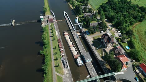 a high-altitude aerial view of a cargo ship waiting in a lock to fill with water