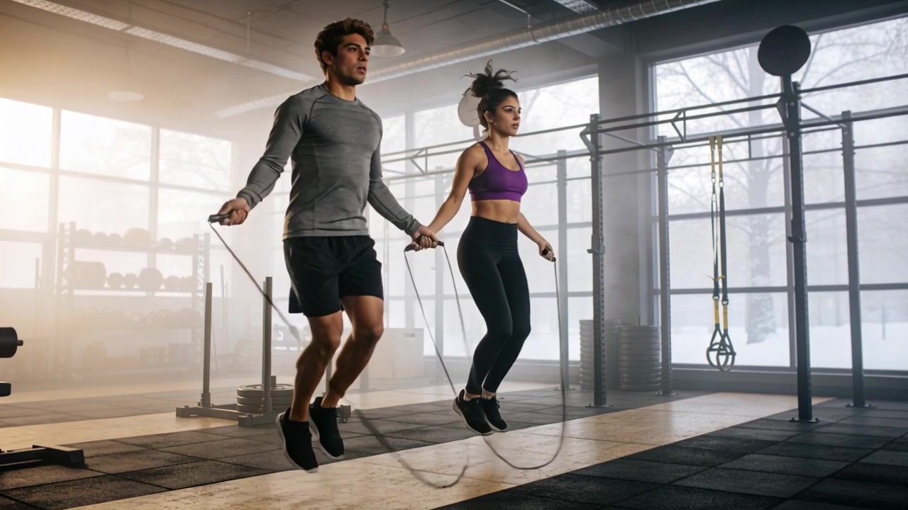 Jumping couple doing synced double-under at gym for cardio after rope swing, in purple, grey tops