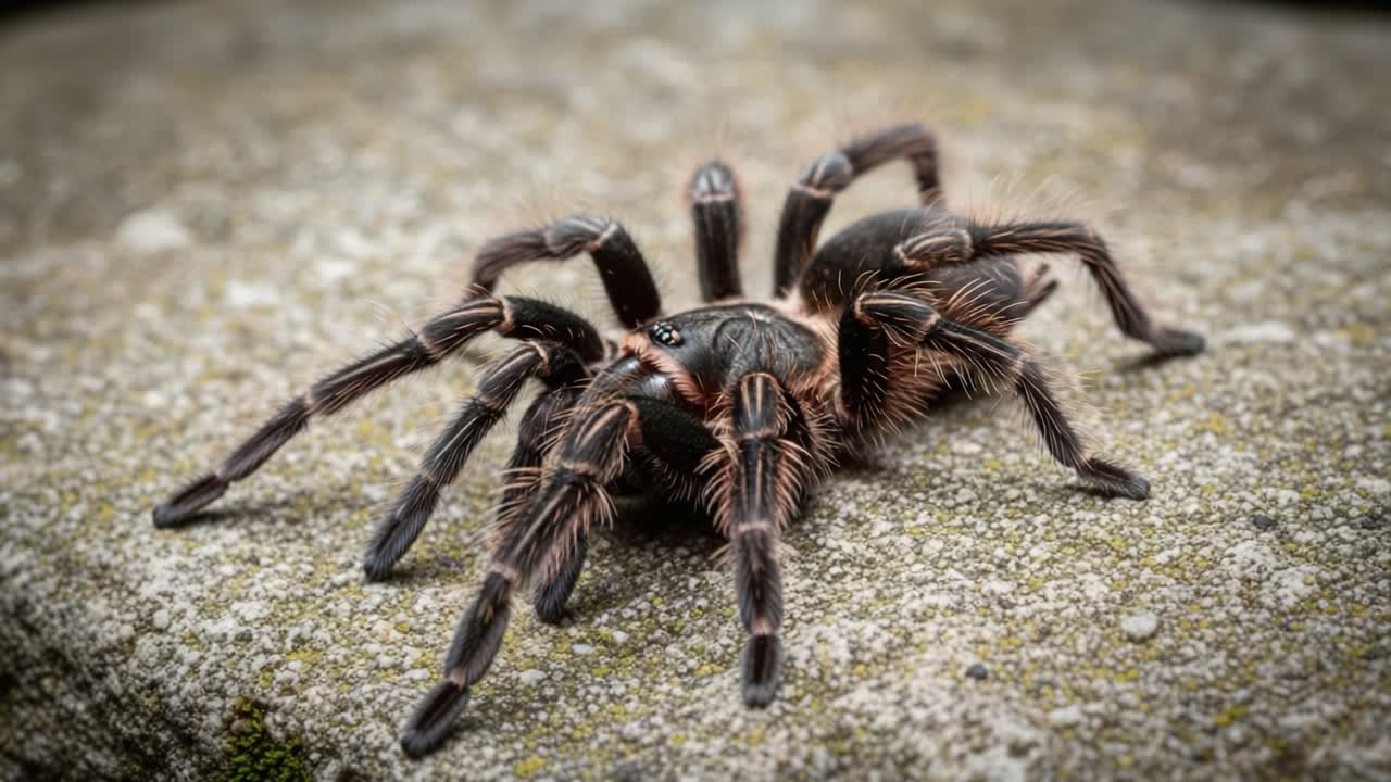 A Close-Up Exploration of a Tarantula in its Natural Habitat, Showcasing Intricate Details of Its Exoskeleton and Unique Movement on a Textured Surface