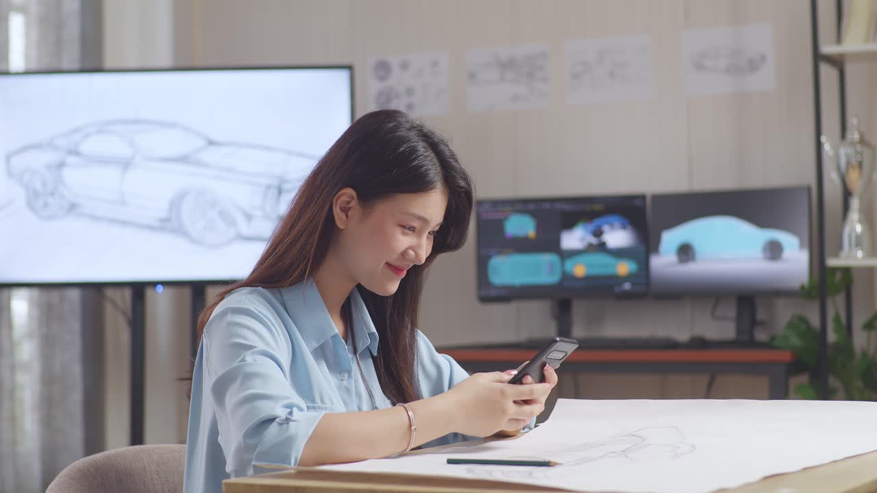 Woman Car Designer Working on Sketches Using a Phone