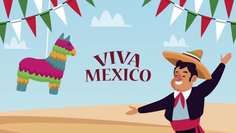 viva mexico lettering with mariachi and pinata