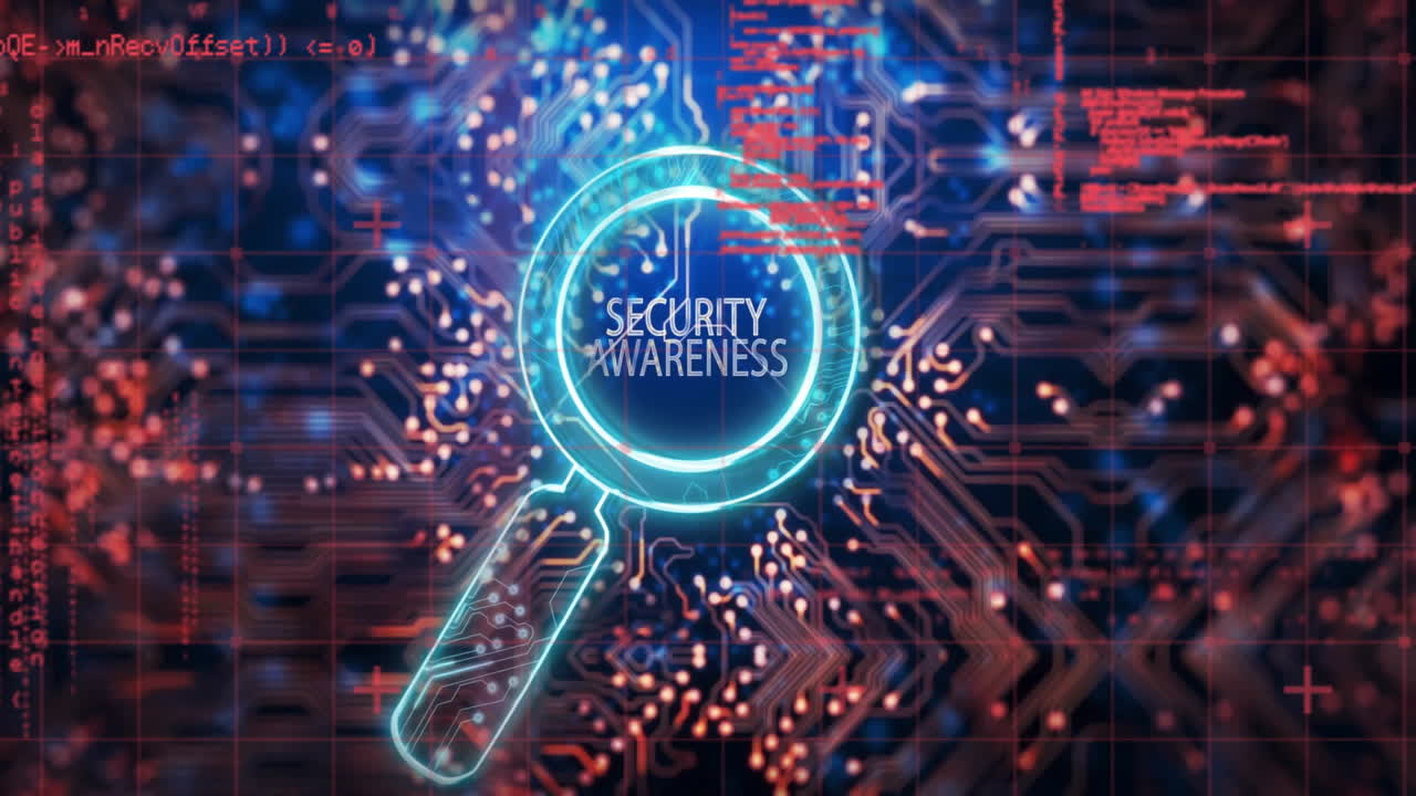 animación del texto de advertencia de seguridad con procesamiento de datos a través de una placa de circuitos sobre fondo negro