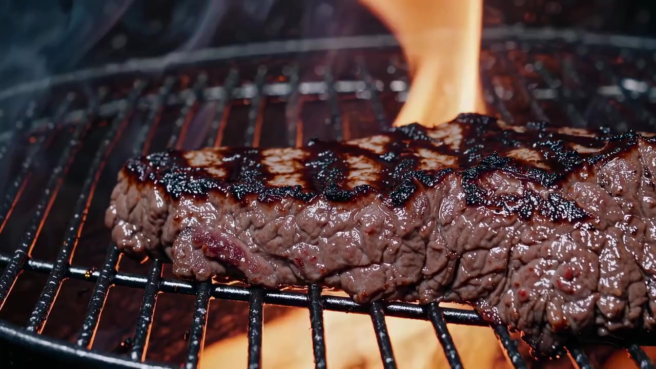 Succulenta bistecca di manzo che griglia su fiamme vive su una griglia a carbone