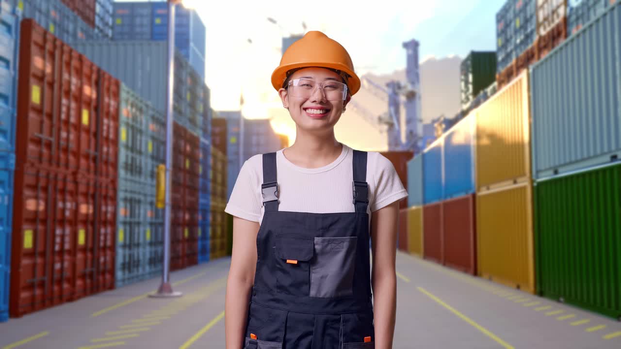 Asian Woman Worker Wearing Goggles And Safety Helmet Standing And Smiling To Camera At Container Yard Warehouse