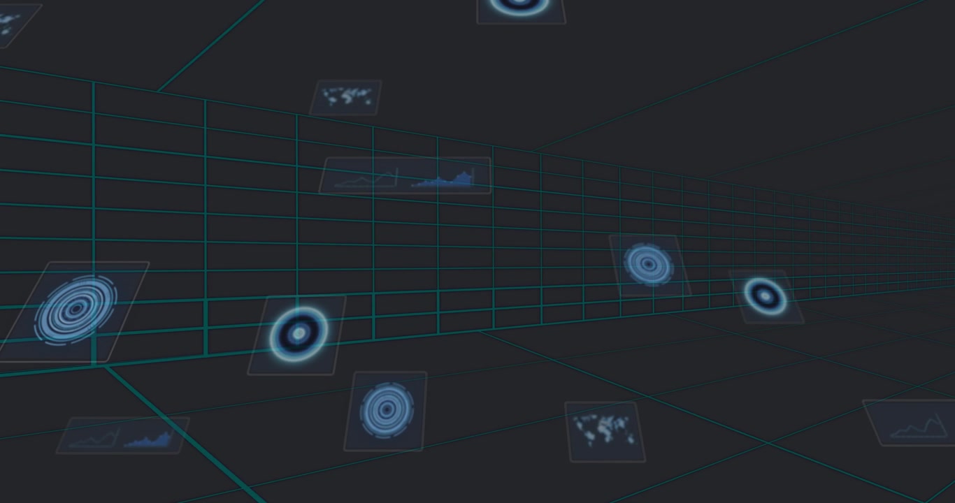 Opening dark grid corridor, target icons fading and panels shifting to show futuristic interface