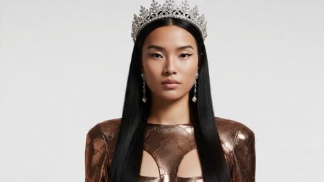 elegant and poised woman with a crown, radiating confidence and style in a stunning metallic dress, capturing the essence of modern beauty and fashion trends