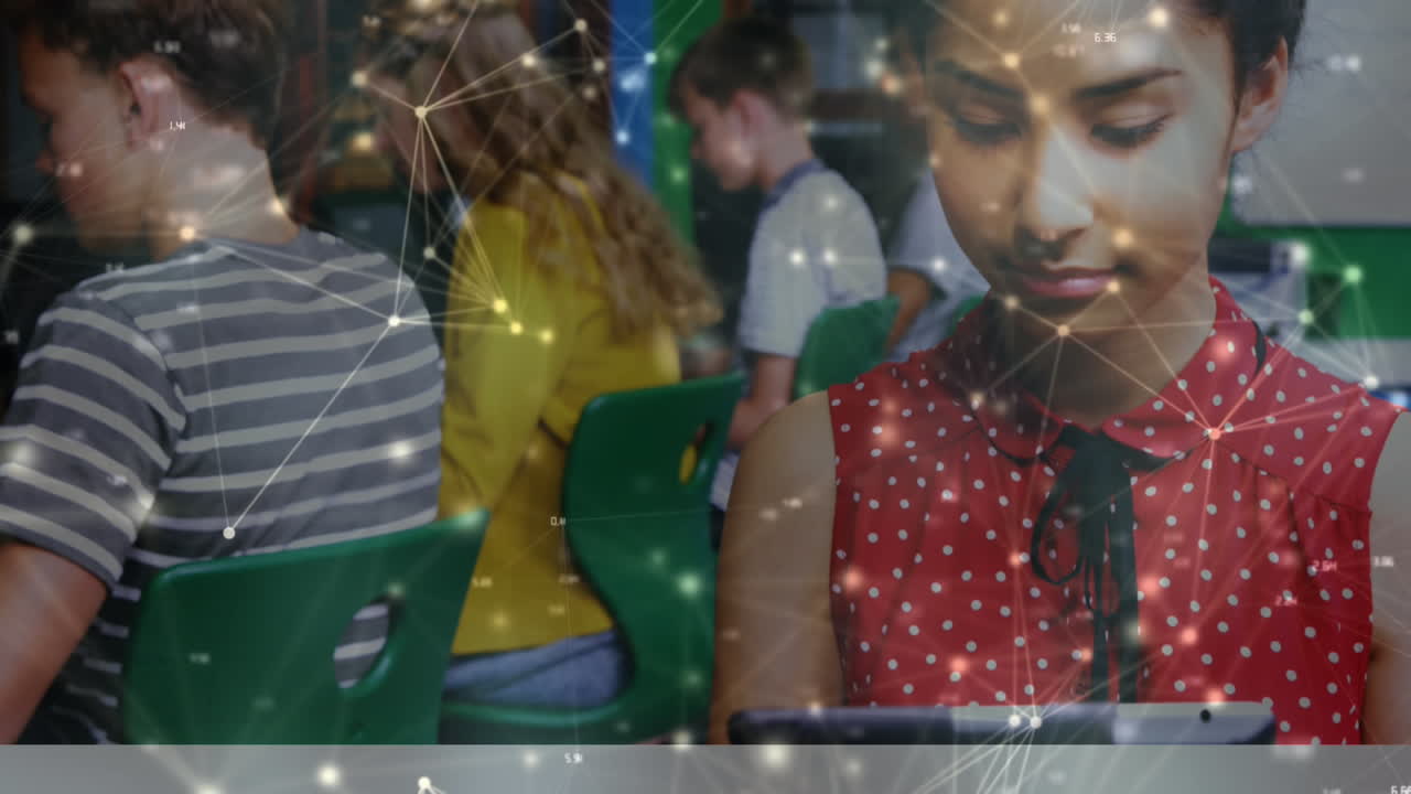 animación de la red de conexiones con una estudiante usando una tableta