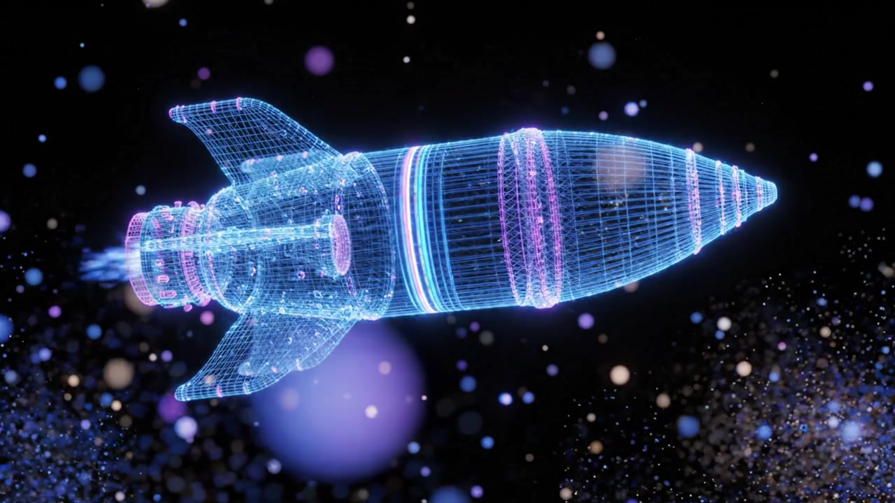 Una sbalorditiva visualizzazione 3D di un razzo futuristico nello spazio con particelle vibranti ed effetti di luce dinamici per un maggiore impatto estetico.