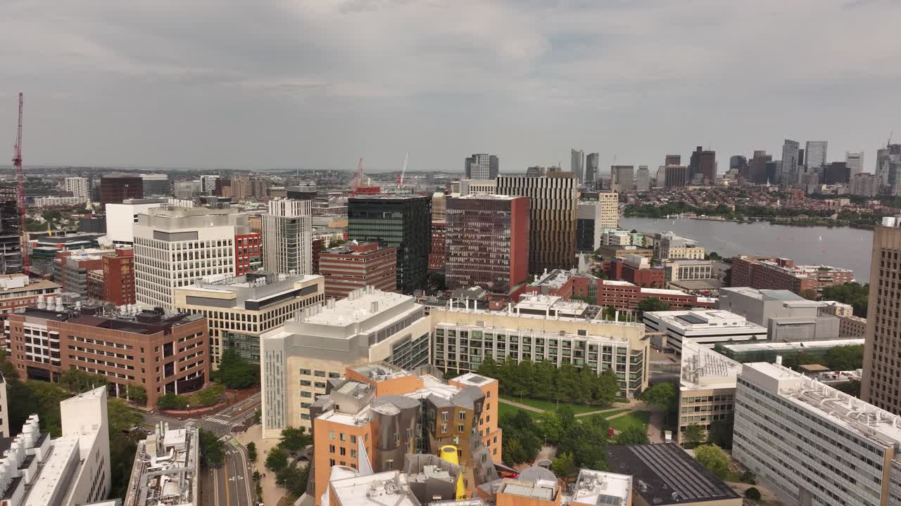 Drone aerial footage of Cambridge MA skyline dolly