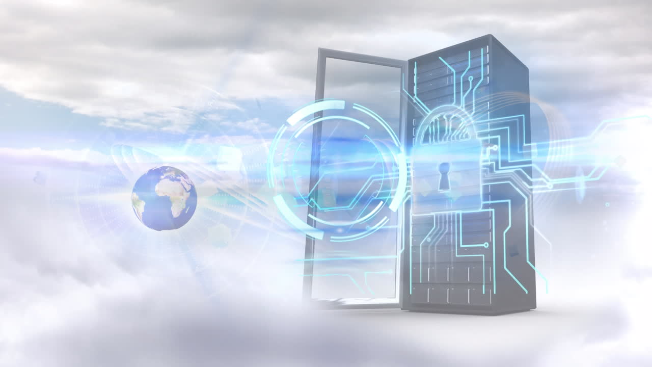 Animation of globe , data processing and servers over clouds
