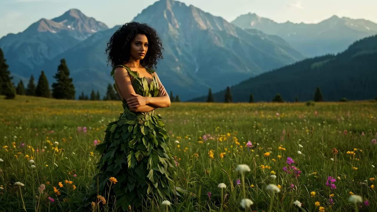 Natural beauty in a lush green dress stands in a vibrant flower field with mountains in the background during golden hour