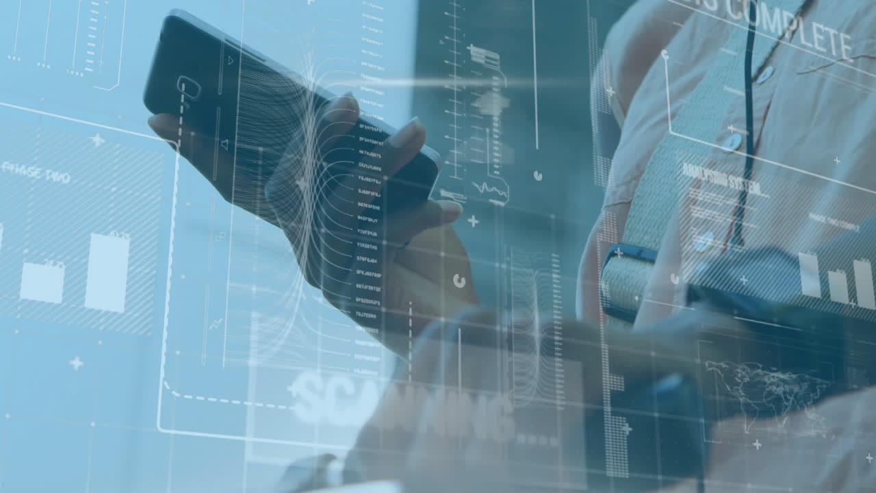 스마트 폰을 사용하는 biracail man에 대한 데이터 처리 애니메이션