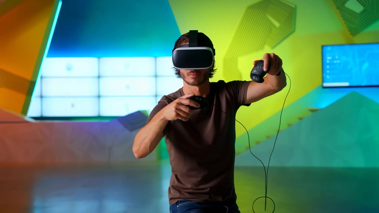 Uomo con visore per realtà virtuale avanza in un interno vivido, alzando ed estendendo controller portatili mentre i cavi oscillano, incorniciato da pannelli luminosi e superfici audaci verdi, blu e arancioni