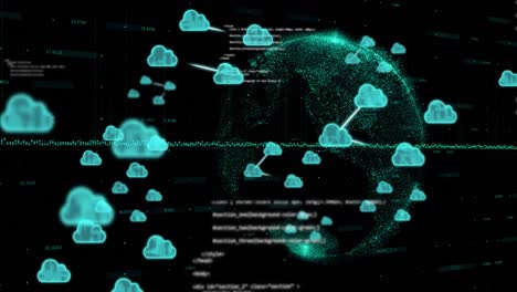 Animation-Von-Wolkensymbolen-Und-Datenverarbeitung-über-Den-Globus