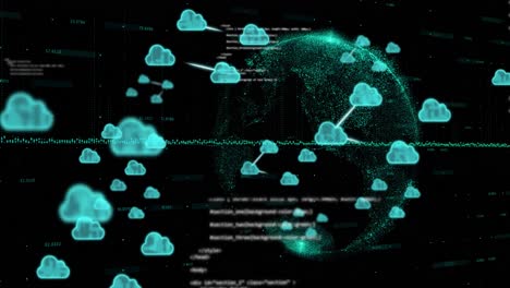 animazione di icone cloud e elaborazione dei dati su tutto il globo
