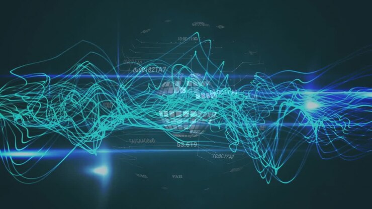 Faint neon-blue waveform drifting triggers turquoise data lines swirling, pulsing to reveal grid