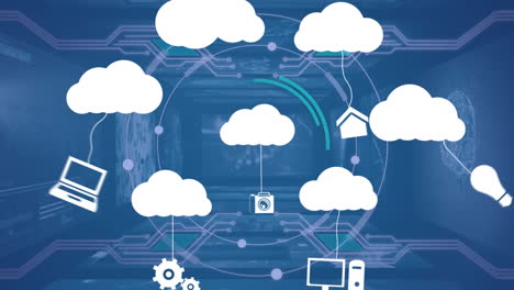 animazione di icone di applicazioni appese sulle nuvole sopra l'interfaccia infografica in sottofondo