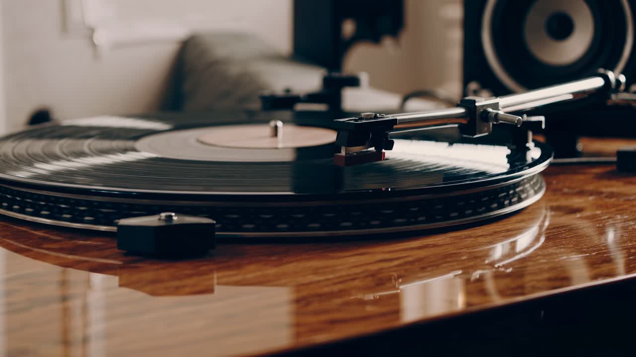 Primo piano angolato di un giradischi vintage che riproduce un disco in vinile, catturando un'atmosfera nostalgica e retrò.