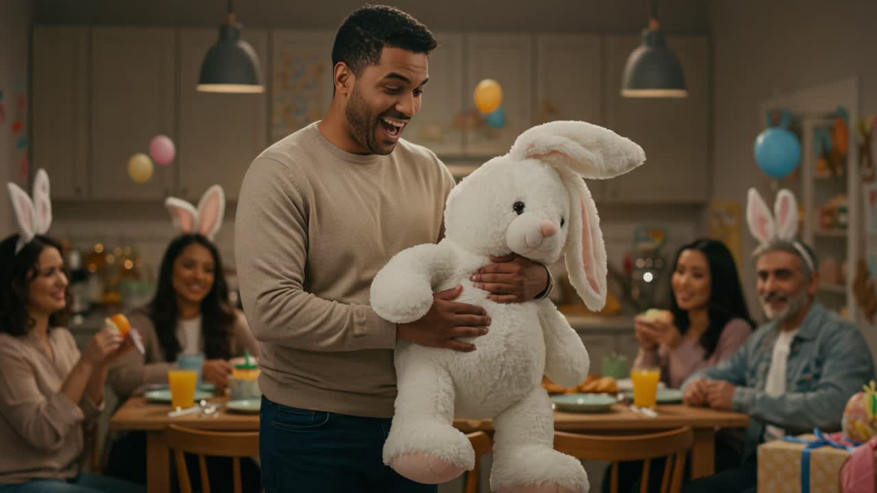 Delightful Celebration: A Joyous Gathering Where Everyone Shares Smiles and Laughter Around a Festive Table with a Giant Plush Bunny and Friends