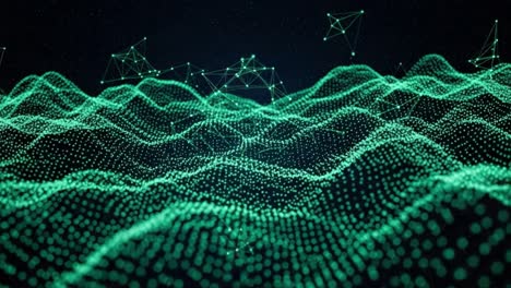 dynamic visualization of green-illuminated waveforms and connected nodes representing data structures in a 3d digital space