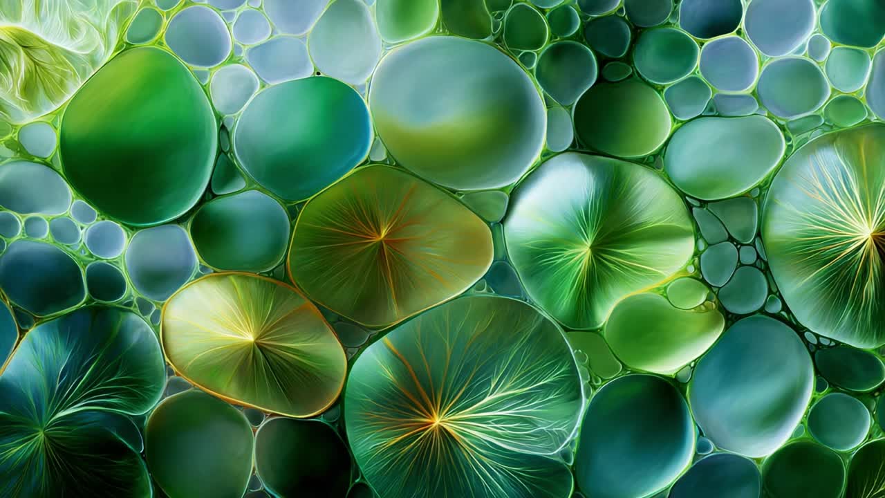 A Mesmerizing Close-Up of Lush Greenery Showing Intricate Patterns of Leaves, Bubbles, and Textures That Evoke a Sense of Nature's Vibrant Diversity and Beauty