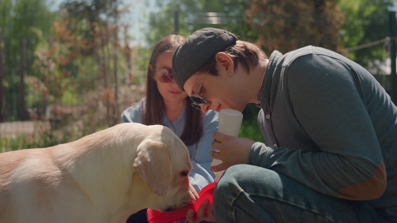 Una mascota interactúa con entusiasmo con el agua y un juguete; su dueño le proporciona agua y un juguete a un labrador alegre en el exterior; una persona le ofrece agua fresca y un juguete a un labrador feliz en un entorno soleado.