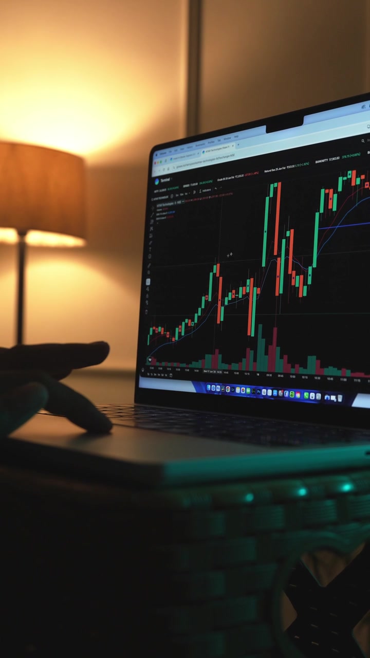 Trader che analizza grafici di borsa su un laptop tramite una piattaforma di brokeraggio