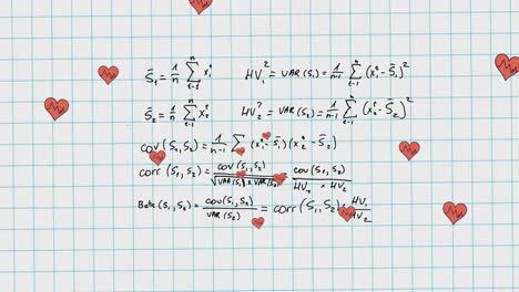 animation of hearts falling over mathematical equations in school notebook