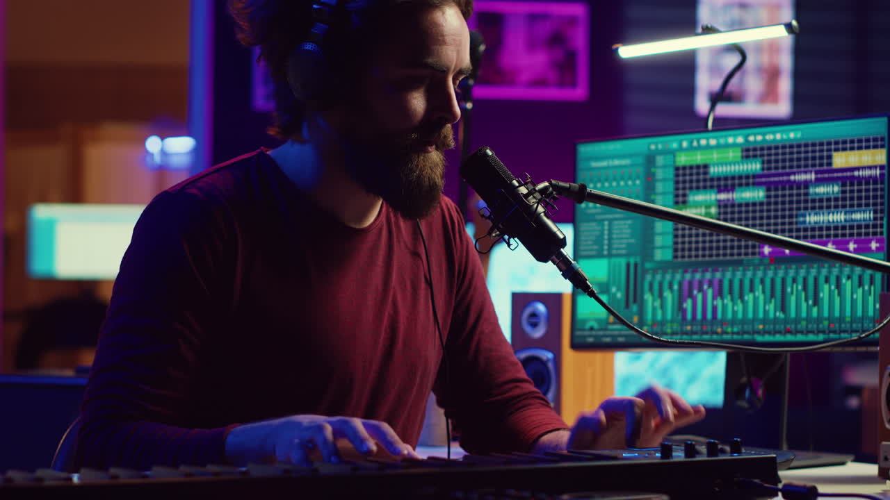 compositor grabando una nueva canción con micrófono y controlador midi