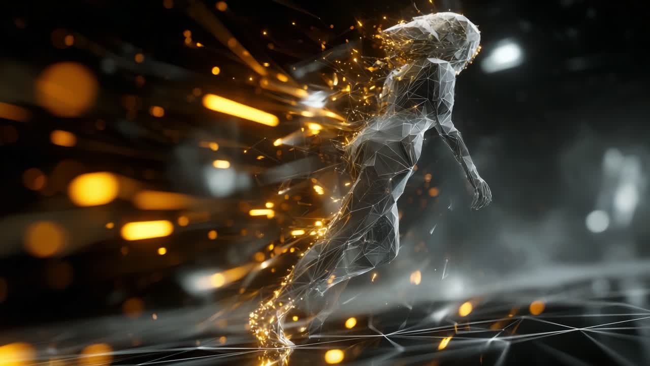 Dynamic Progression of a Futuristic Digital Figure in Motion: A Stunning Visual Representation of Energy and Form, Capturing the Essence of Movement and Technology Intertwined