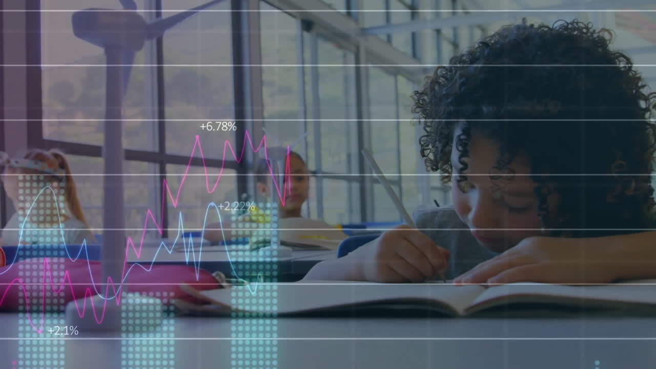 Animation of multiple graphs with changing numbers over biracial boy writing in notebook